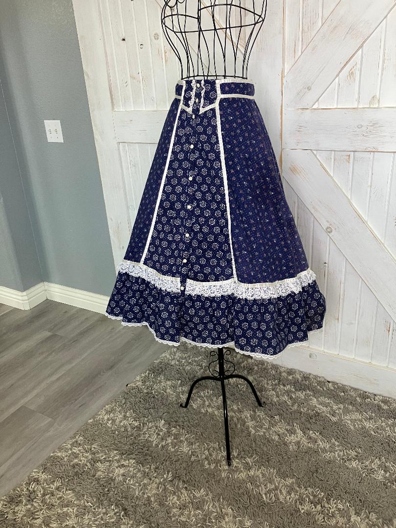 70's Vintage Gunne Sax Jessica's Gunnies Blue White Polka Dot Calico Prairie Midi Skirt 9 *WOUNDED BIRD