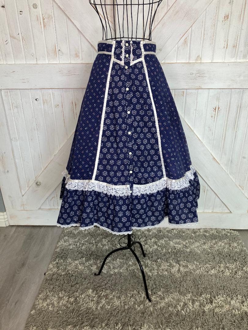70's Vintage Gunne Sax Jessica's Gunnies Blue White Polka Dot Calico Prairie Midi Skirt 9 *WOUNDED BIRD