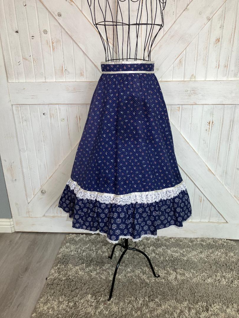70's Vintage Gunne Sax Jessica's Gunnies Blue White Polka Dot Calico Prairie Midi Skirt 9 *WOUNDED BIRD