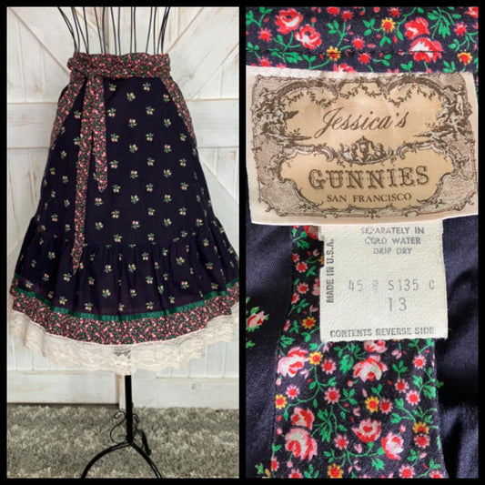 70's Vintage Gunne Sax Jessica's Gunnies Blue Pink Green Calico Prairie Skirt 13 *WOUNDED BIRD