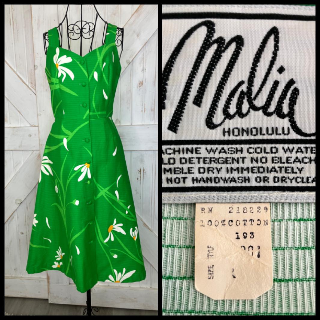 70's Vintage Malia Honolulu Green White Yellow Lily Hawaiian Sundress Midi Dress