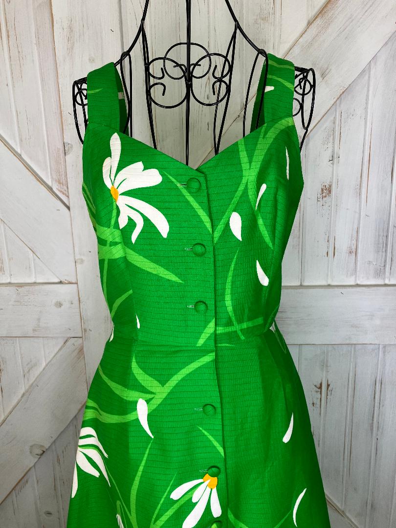 70's Vintage Malia Honolulu Green White Yellow Lily Hawaiian Sundress Midi Dress