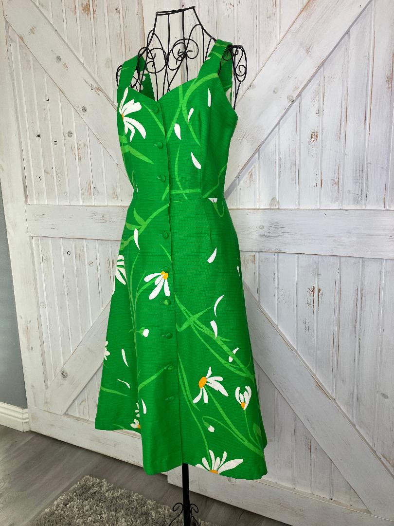 70's Vintage Malia Honolulu Green White Yellow Lily Hawaiian Sundress Midi Dress