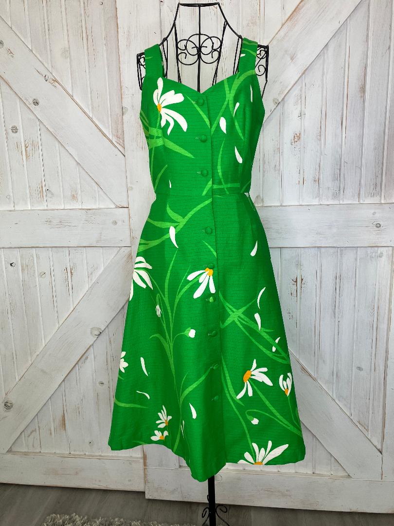 70's Vintage Malia Honolulu Green White Yellow Lily Hawaiian Sundress Midi Dress