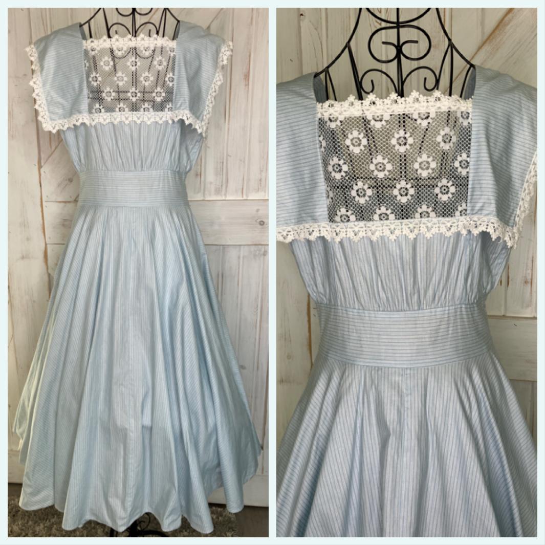 80's Vintage Gunne Sax Blue White Pin Stripe Lace Rockabilly Swing Tea Garden Midi Dress 13