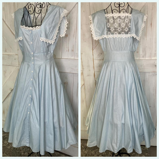 80's Vintage Gunne Sax Blue White Pin Stripe Lace Rockabilly Swing Tea Garden Midi Dress 13
