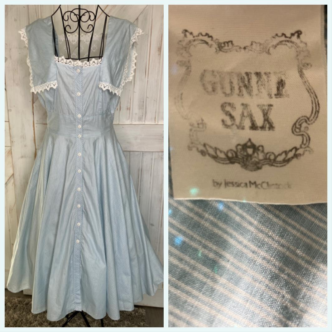 80's Vintage Gunne Sax Blue White Pin Stripe Lace Rockabilly Swing Tea Garden Midi Dress 13