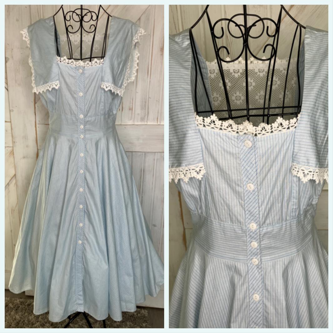 80's Vintage Gunne Sax Blue White Pin Stripe Lace Rockabilly Swing Tea Garden Midi Dress 13