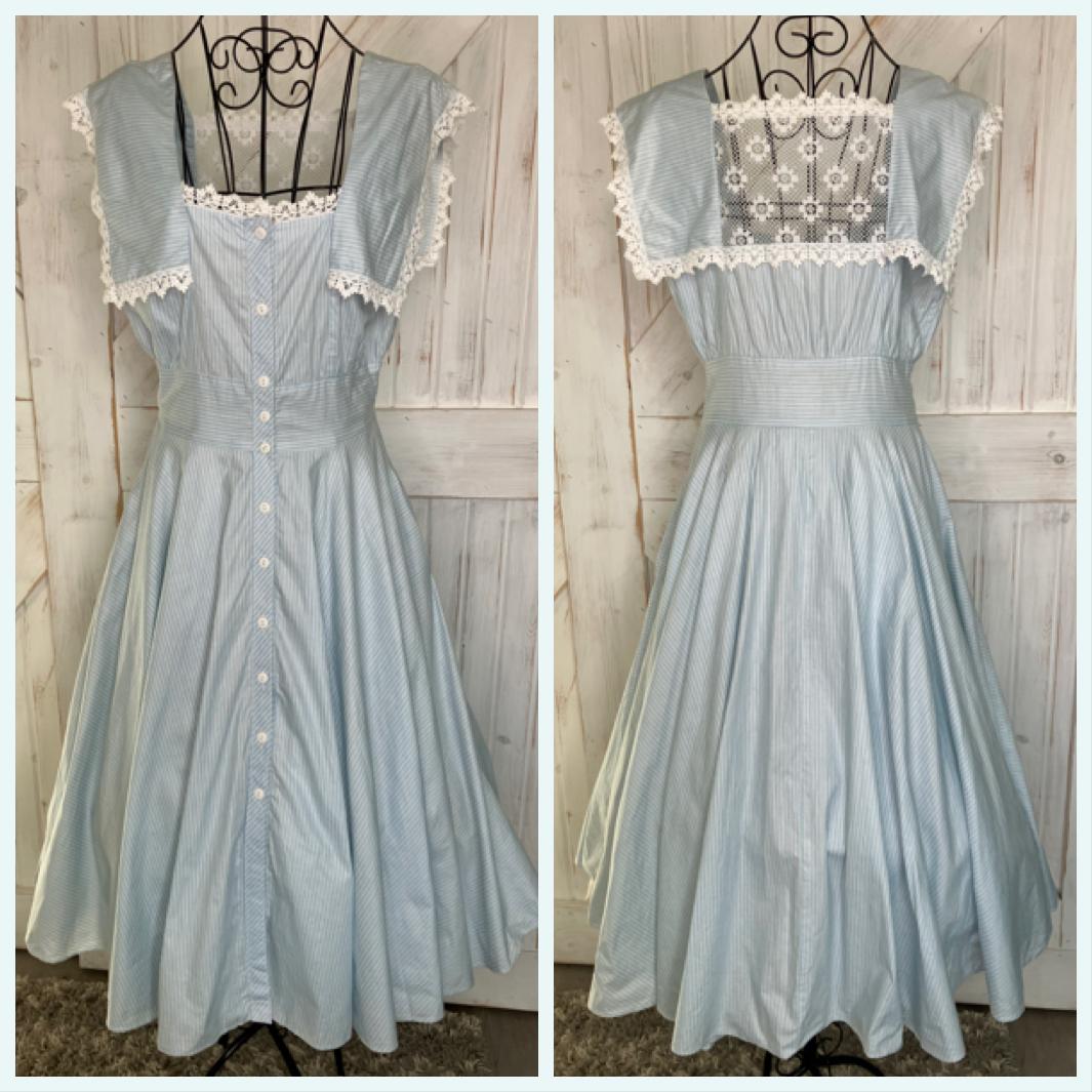 80's Vintage Gunne Sax Blue White Pin Stripe Lace Rockabilly Swing Tea Garden Midi Dress 13