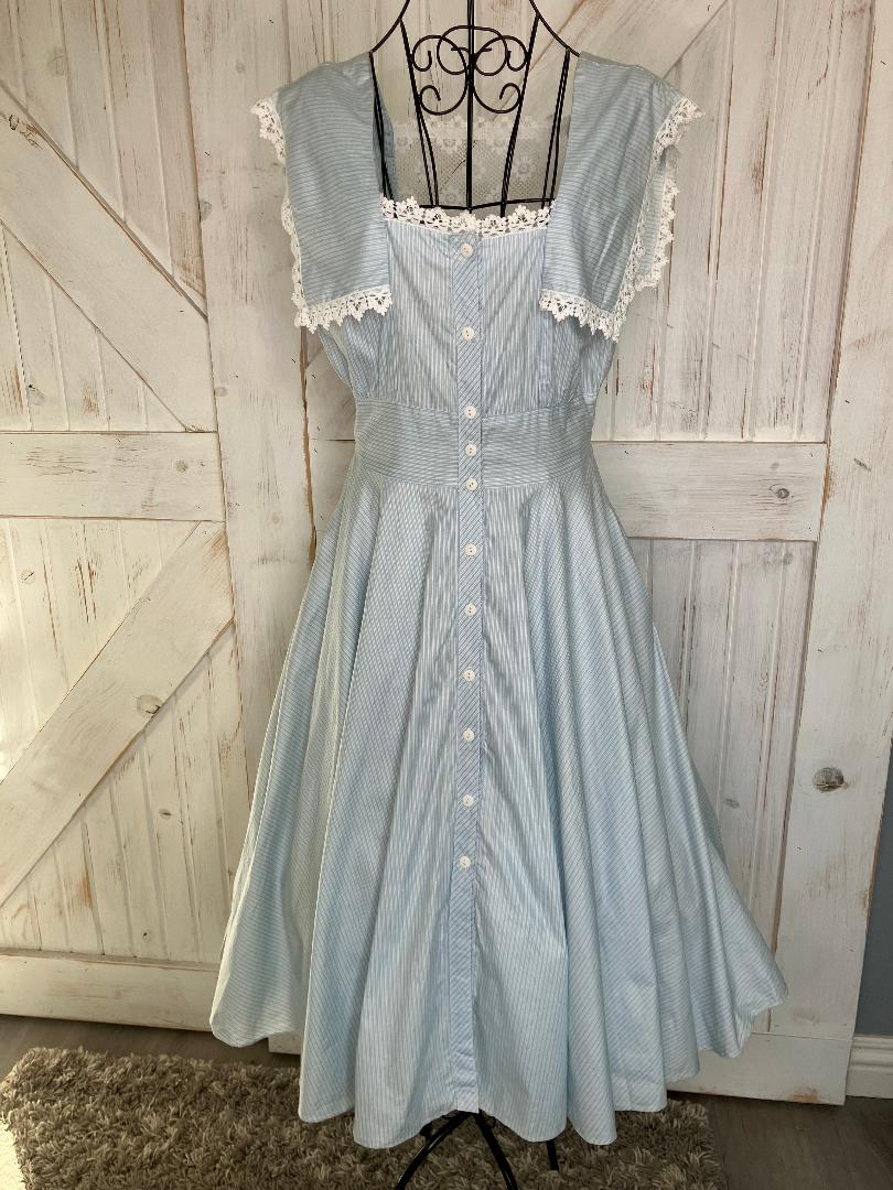 80's Vintage Gunne Sax Blue White Pin Stripe Lace Rockabilly Swing Tea Garden Midi Dress 13