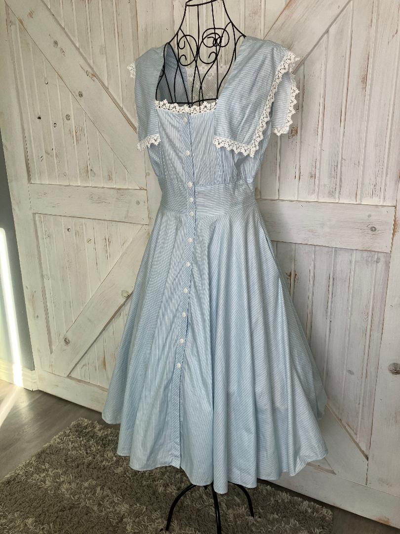 80's Vintage Gunne Sax Blue White Pin Stripe Lace Rockabilly Swing Tea Garden Midi Dress 13
