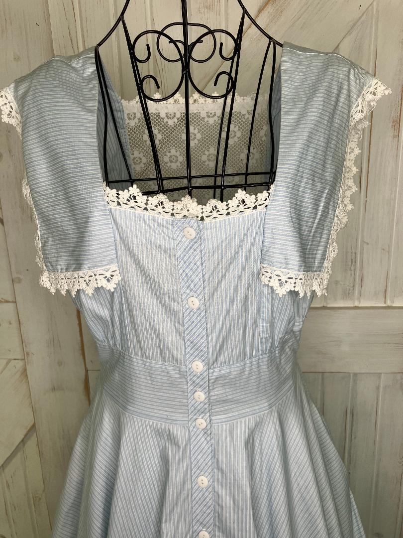 80's Vintage Gunne Sax Blue White Pin Stripe Lace Rockabilly Swing Tea Garden Midi Dress 13