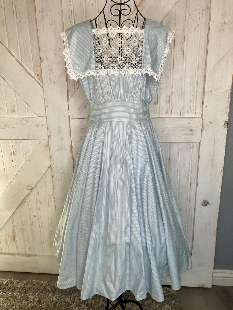 80's Vintage Gunne Sax Blue White Pin Stripe Lace Rockabilly Swing Tea Garden Midi Dress 13