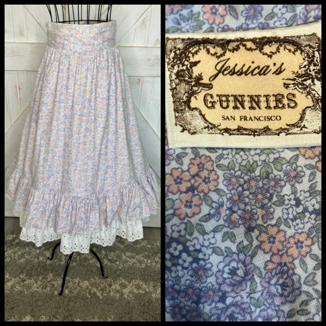 70's Vintage Gunne Sax Jessica's Gunnies Purple Pink White Calico Floral Prairie Midi Skirt