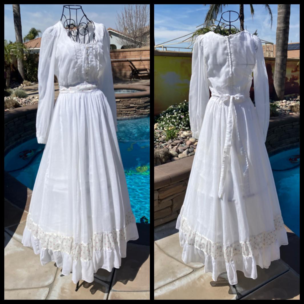 70's Vintage Gunne Sax White Pink Calico Black Swiss Polka Dot Prairie Maxi Dress 9