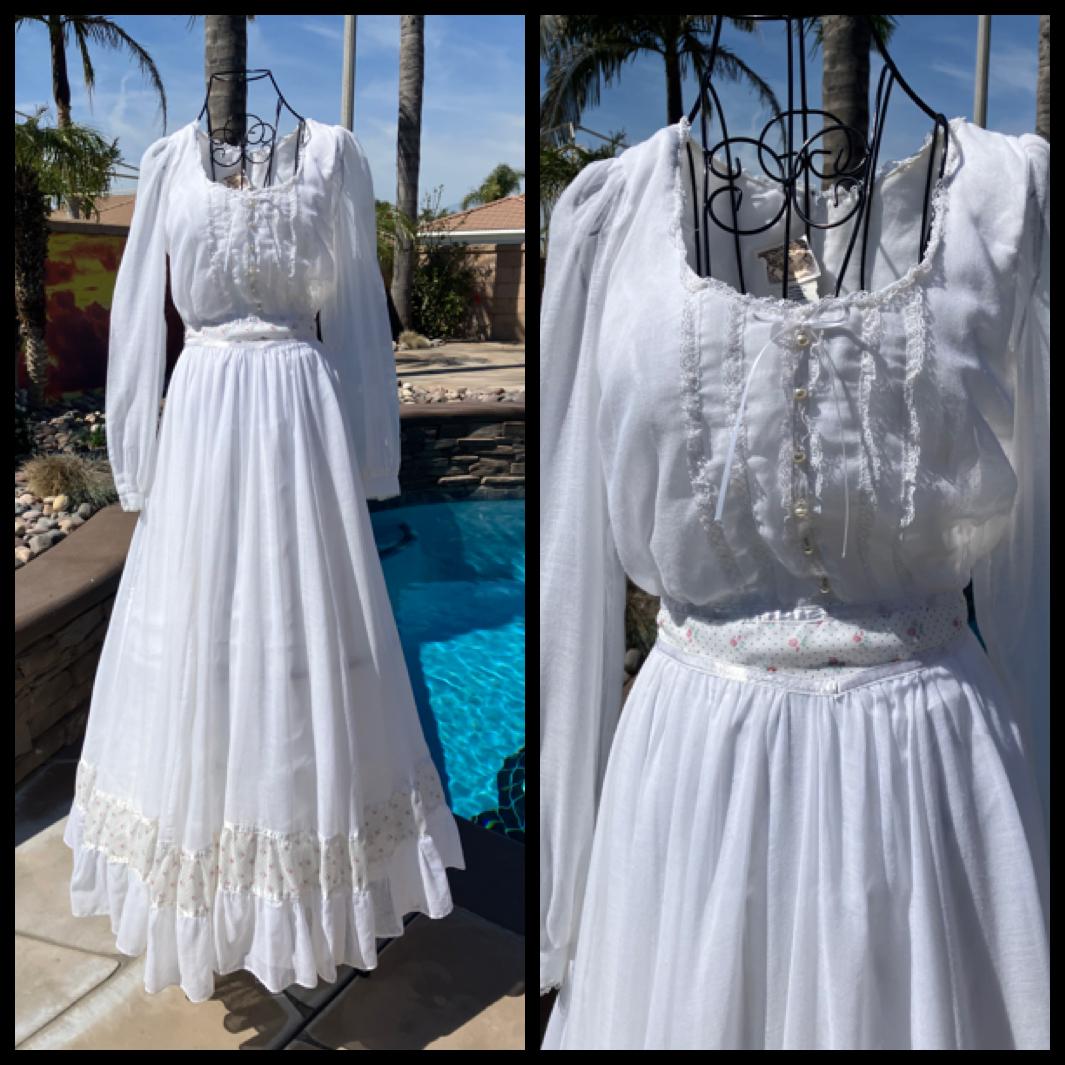 70's Vintage Gunne Sax White Pink Calico Black Swiss Polka Dot Prairie Maxi Dress 9