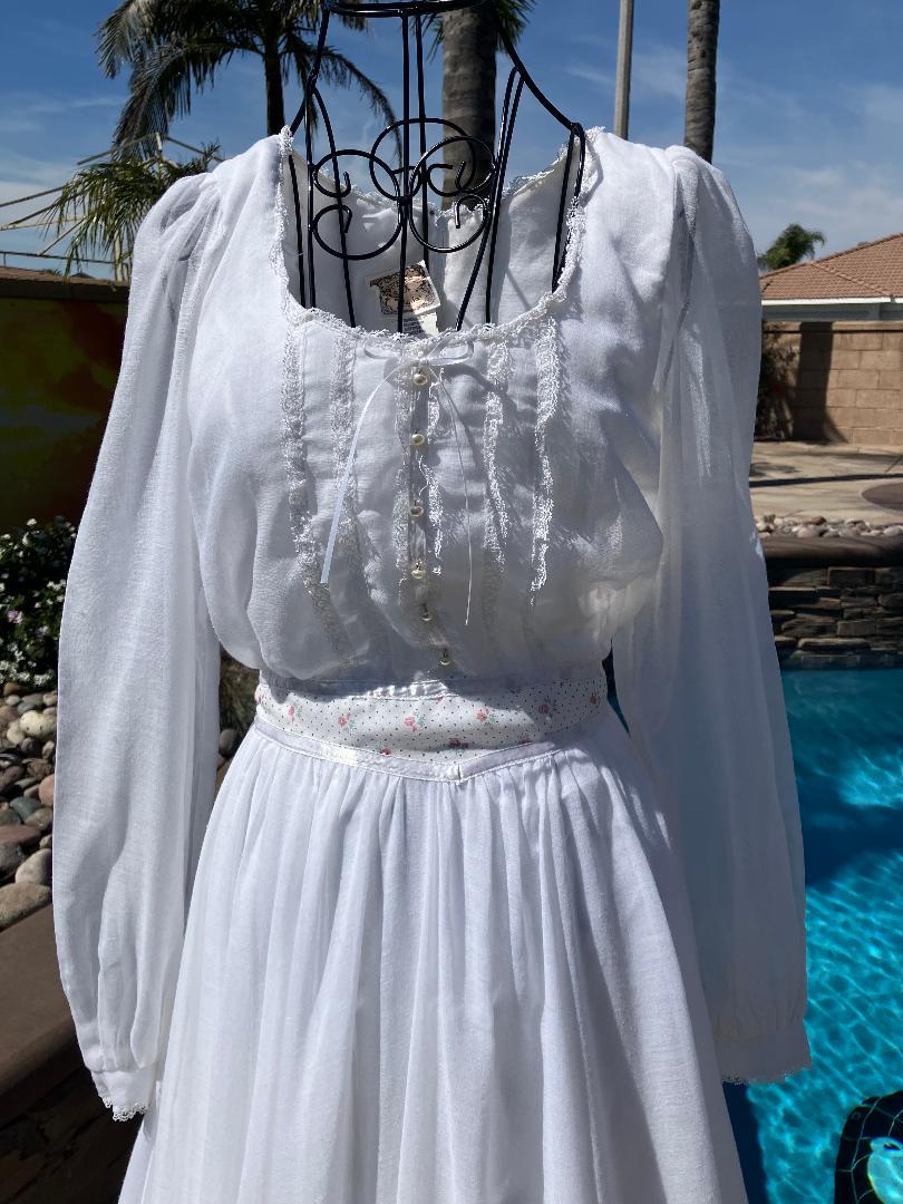 70's Vintage Gunne Sax White Pink Calico Black Swiss Polka Dot Prairie Maxi Dress 9