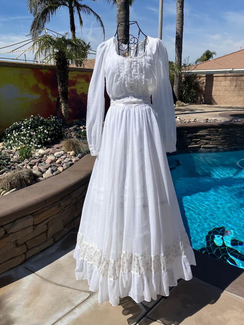 70's Vintage Gunne Sax White Pink Calico Black Swiss Polka Dot Prairie Maxi Dress 9