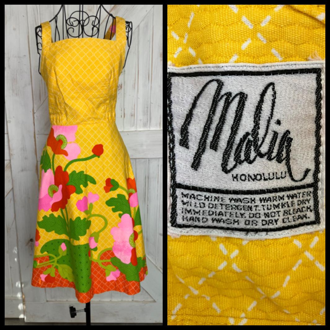 70's Vintage Malia Honolulu Yellow Red Pink Green Floral Hawaiian Halter Mini Sundress Dress