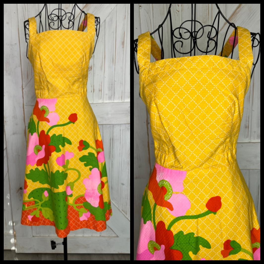 70's Vintage Malia Honolulu Yellow Red Pink Green Floral Hawaiian Halter Mini Sundress Dress