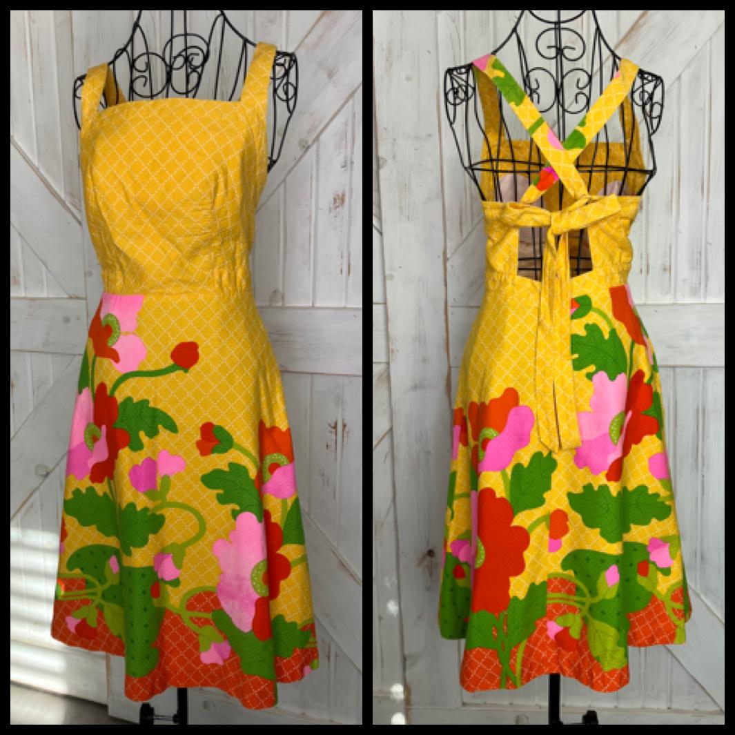70's Vintage Malia Honolulu Yellow Red Pink Green Floral Hawaiian Halter Mini Sundress Dress