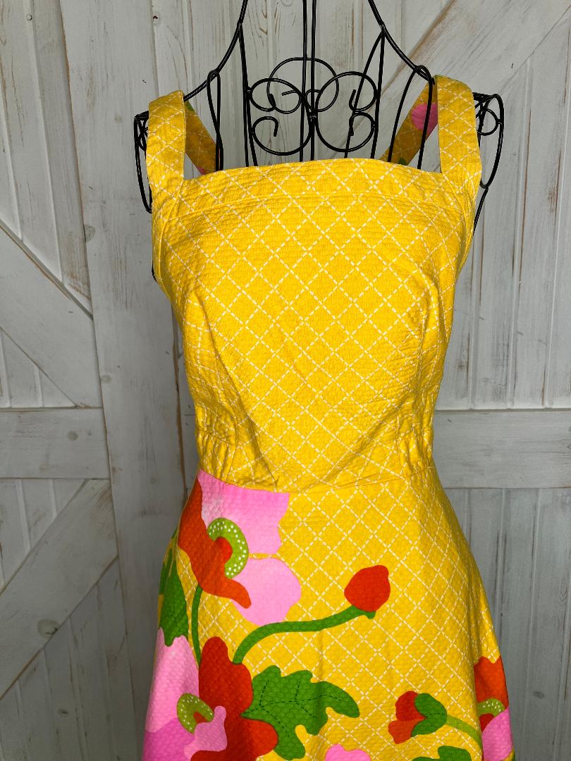 70's Vintage Malia Honolulu Yellow Red Pink Green Floral Hawaiian Halter Mini Sundress Dress
