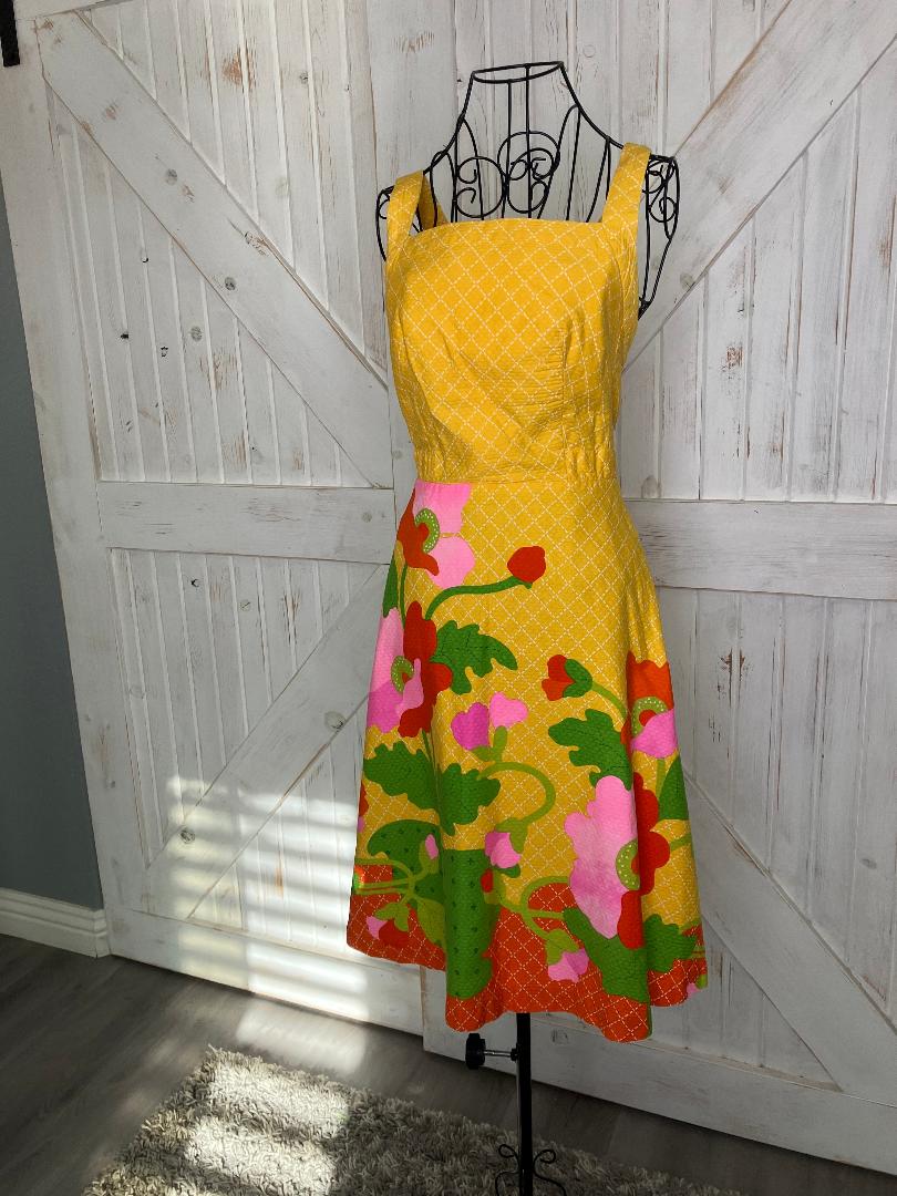 70's Vintage Malia Honolulu Yellow Red Pink Green Floral Hawaiian Halter Mini Sundress Dress