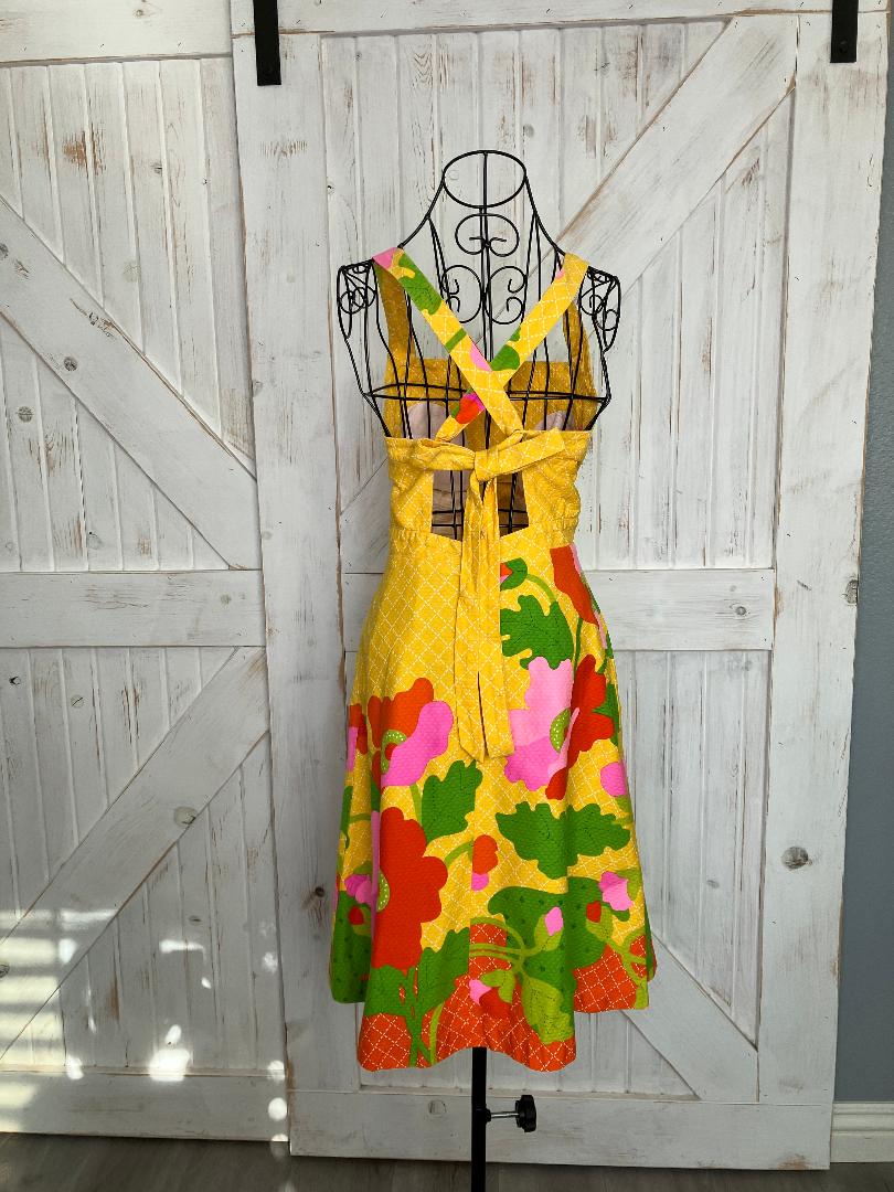 70's Vintage Malia Honolulu Yellow Red Pink Green Floral Hawaiian Halter Mini Sundress Dress