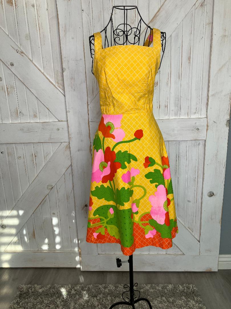 70's Vintage Malia Honolulu Yellow Red Pink Green Floral Hawaiian Halter Mini Sundress Dress