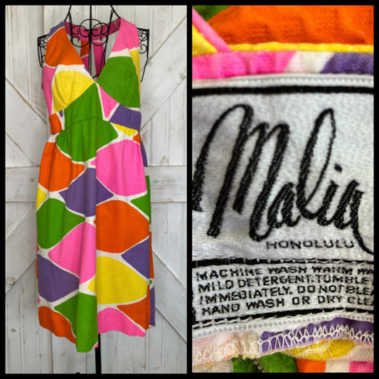 70's Vintage Malia Honolulu Pink Green Yellow Neon Hawaiian Halter Mini Sundress Dress