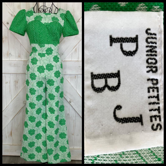 70's Vintage PBJ Jerell Texas Green White Polka Dot Flower GoGo Mod Brady Brunch Jumpsuit Jumper