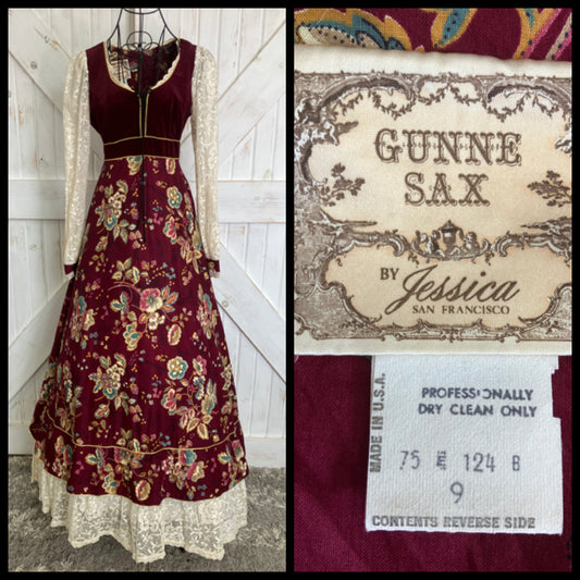 70's Vintage Gunne Sax Red Gold Velvet Floral Corset Prairie Maxi Dress 9