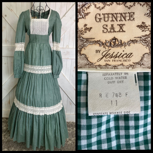 70's Vintage Gunne Sax Green White Plaid Gingham Prairie Western Pioneer Woman Maxi Dress 11