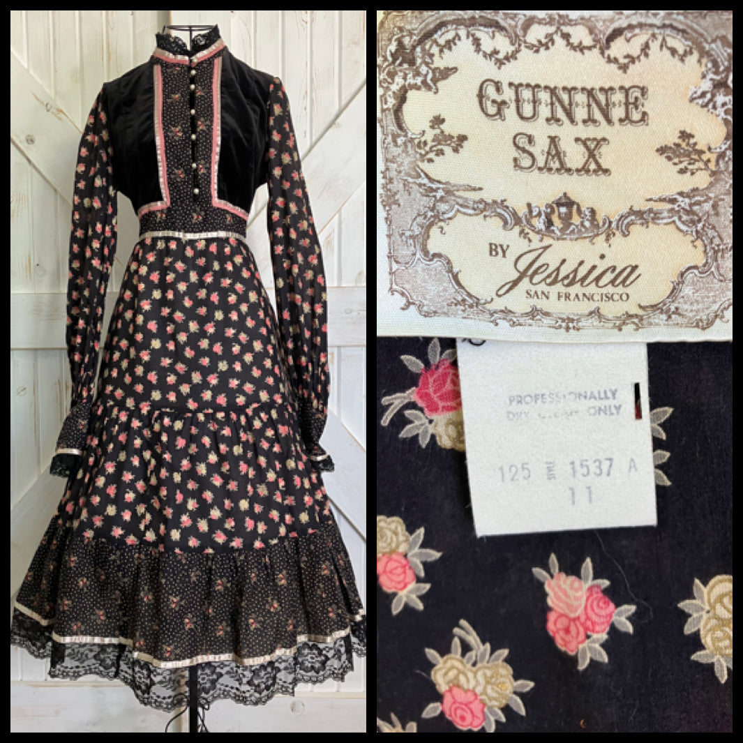 70's Vintage Gunne Sax Black Gold Polka Dot Pink Rose Calico Velvet Prairie Midi Dress 11