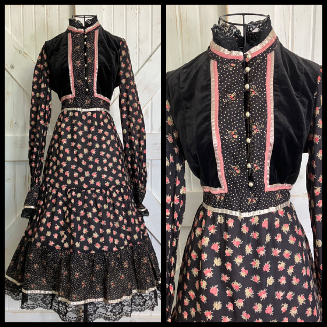 70's Vintage Gunne Sax Black Gold Polka Dot Pink Rose Calico Velvet Prairie Midi Dress 11