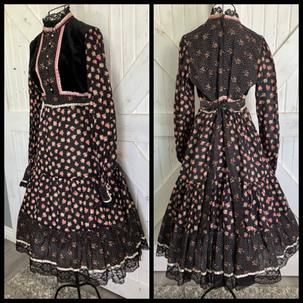 70's Vintage Gunne Sax Black Gold Polka Dot Pink Rose Calico Velvet Prairie Midi Dress 11