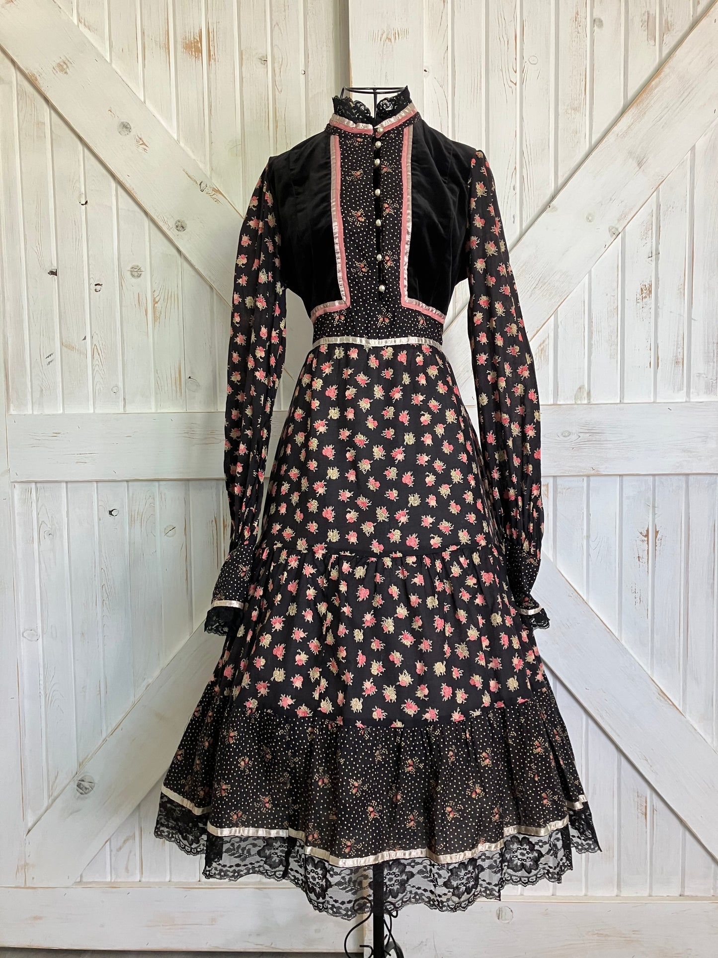 70's Vintage Gunne Sax Black Gold Polka Dot Pink Rose Calico Velvet Prairie Midi Dress 11