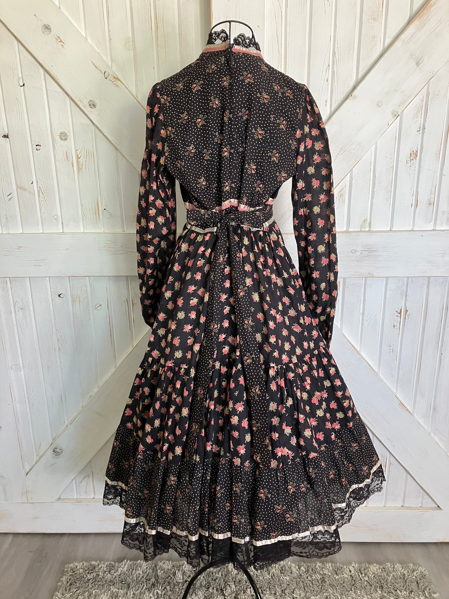 70's Vintage Gunne Sax Black Gold Polka Dot Pink Rose Calico Velvet Prairie Midi Dress 11