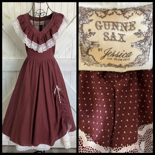 70's Vintage Gunne Sax Red Burgundy White Swiss Polka Dot Cowgirl Western Prairie Midi Dress