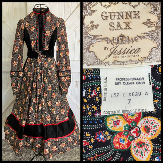 70's Vintage Gunne Sax Russian Doll Red Black Orange Velvet Prairie Midi Dress w/ Belt 7