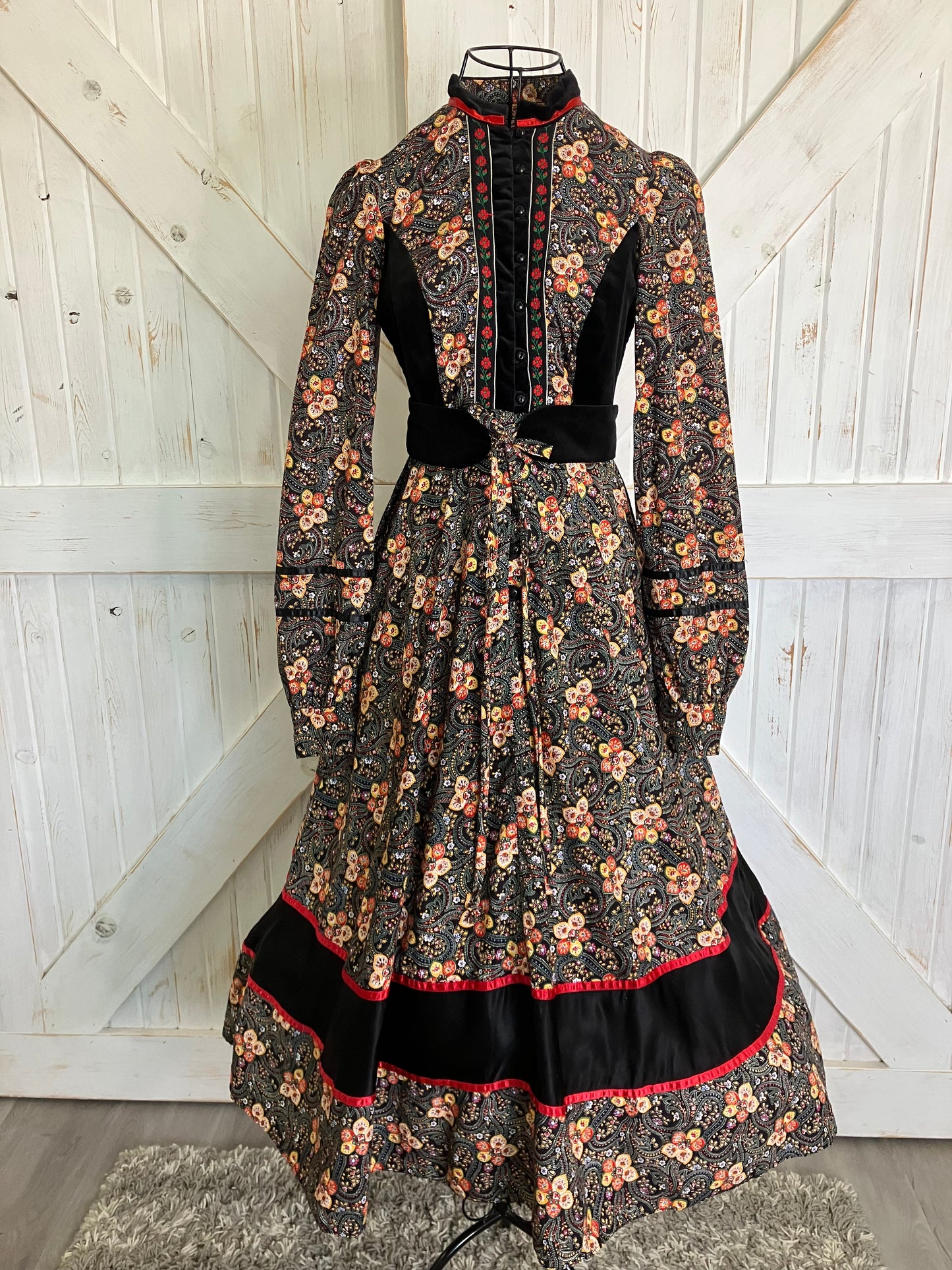 70's Vintage Gunne Sax Russian Doll Red Black Orange Velvet Prairie Midi Dress w/ Belt 7