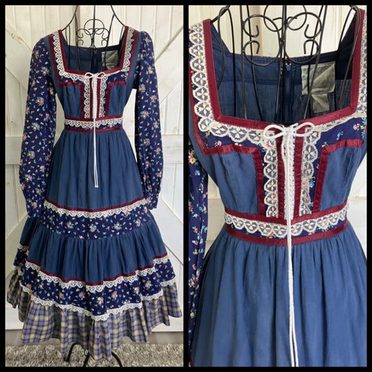 70's Vintage Homespun Co Ltd. Gunne Sax STYLE Blue Red Yellow Calico Gingham Prairie Corset Midi Dress