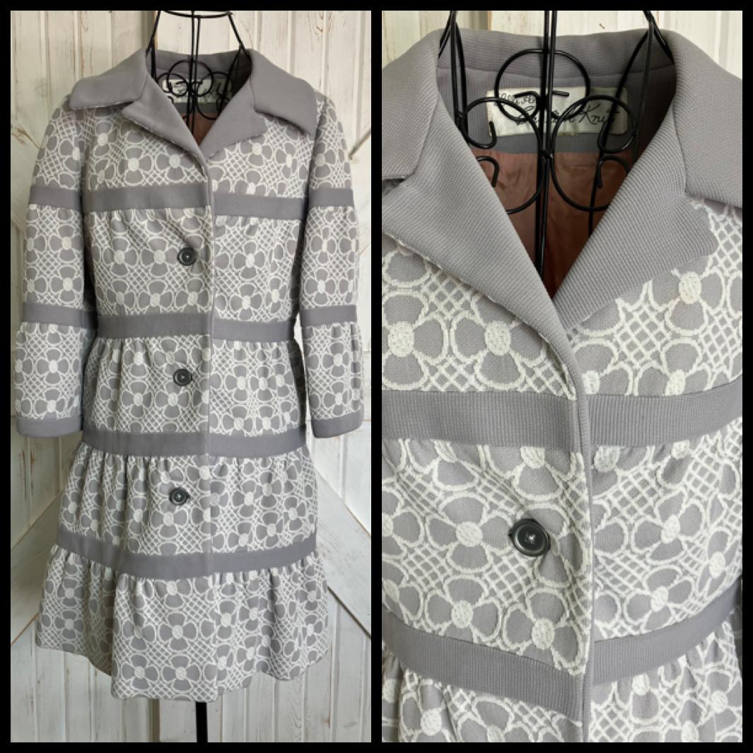 60's Vintage Lilli Ann English Knit Gray White Mod Flower Power Peacoat Coat