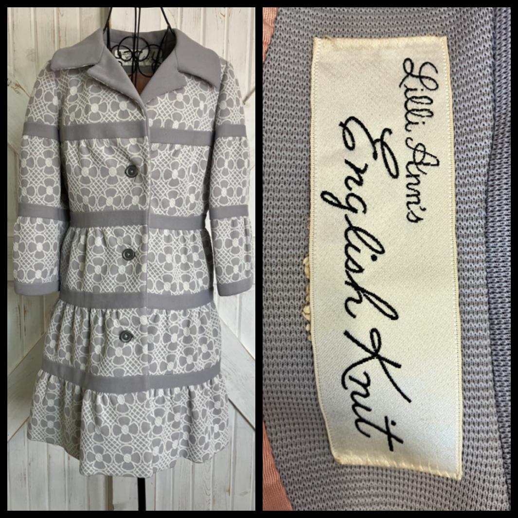 60's Vintage Lilli Ann English Knit Gray White Mod Flower Power Peacoat Coat