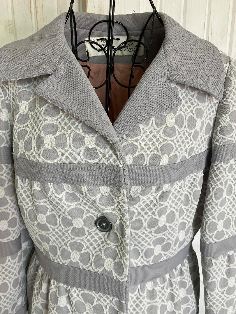 60's Vintage Lilli Ann English Knit Gray White Mod Flower Power Peacoat Coat