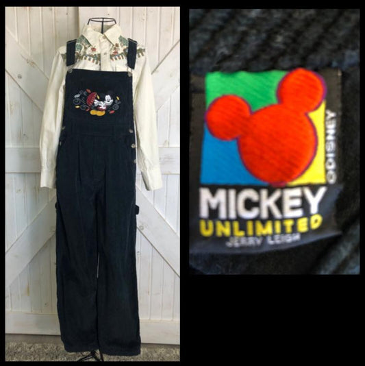 90's Vintage Mickey Unlimited Disney Black Corduroy Overalls Jumpsuit Dungarees Mickey Minnie Mouse S