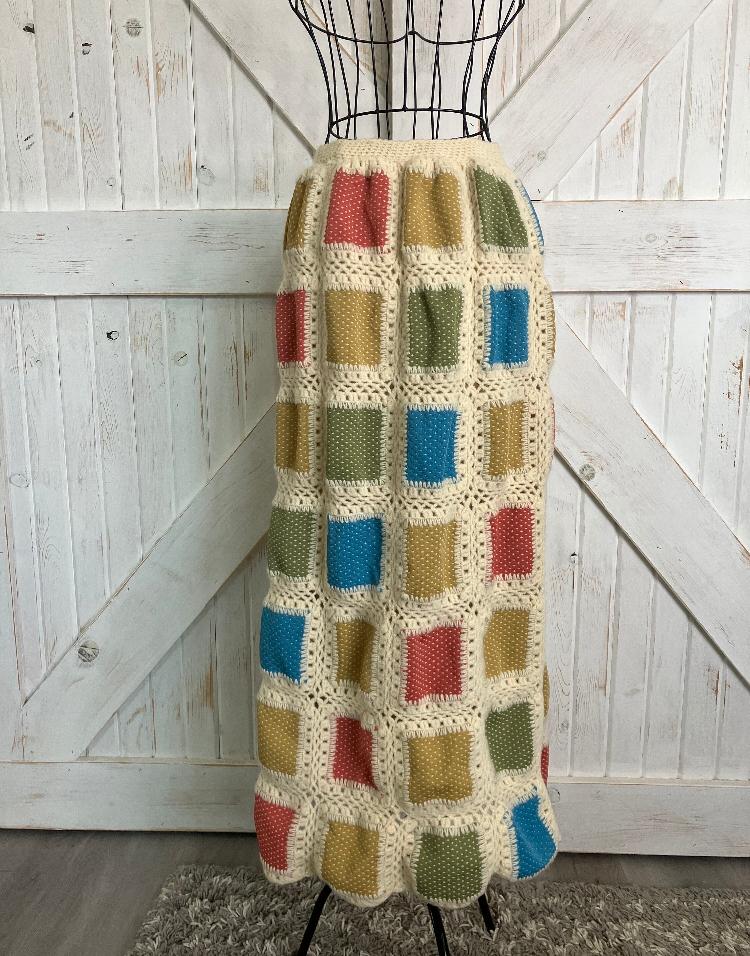 70's Vintage Handmade Patchwork Rainbow Red Blue Yellow Green Ivory Knit Hippie Maxi Skirt