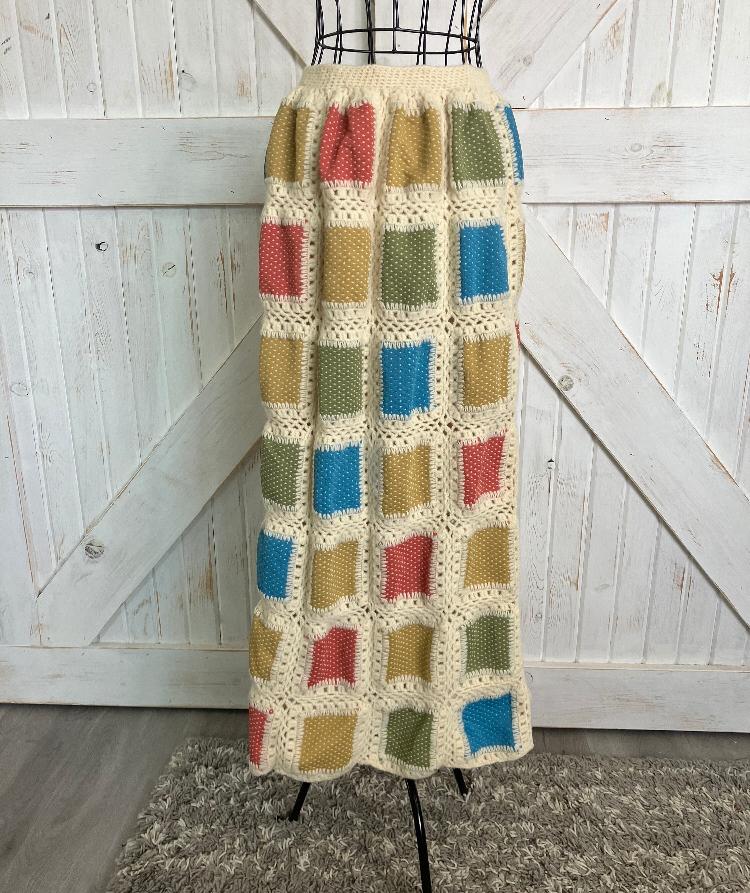 70's Vintage Handmade Patchwork Rainbow Red Blue Yellow Green Ivory Knit Hippie Maxi Skirt