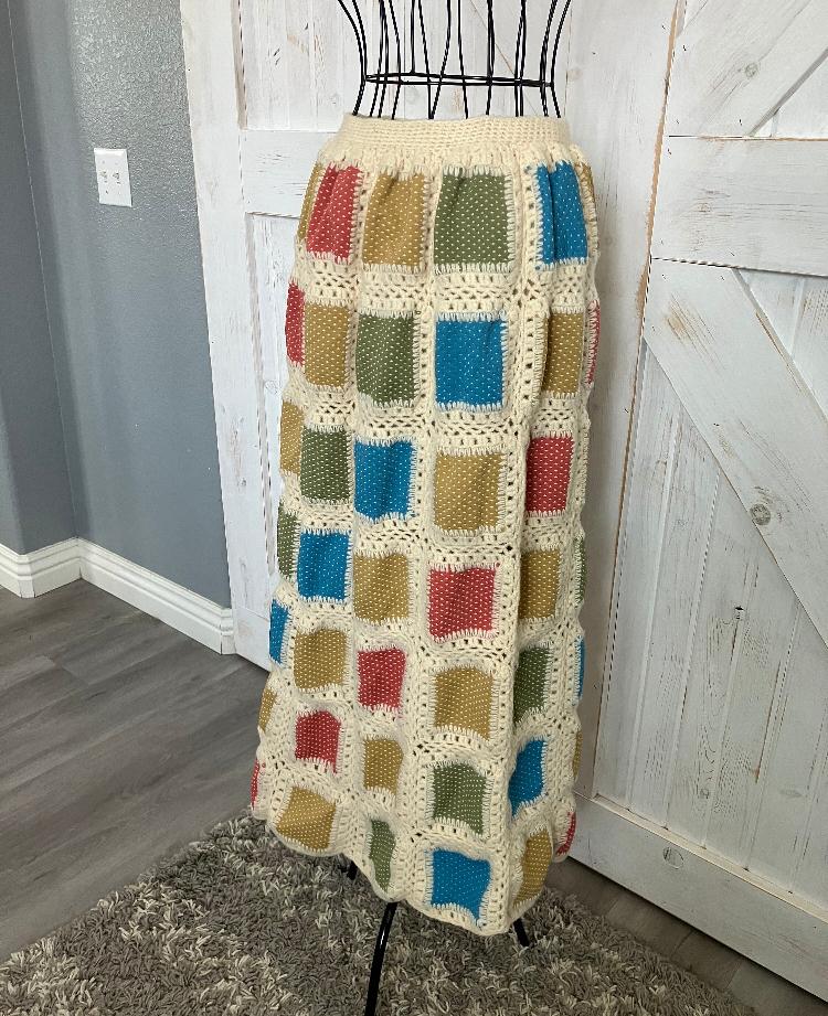 70's Vintage Handmade Patchwork Rainbow Red Blue Yellow Green Ivory Knit Hippie Maxi Skirt