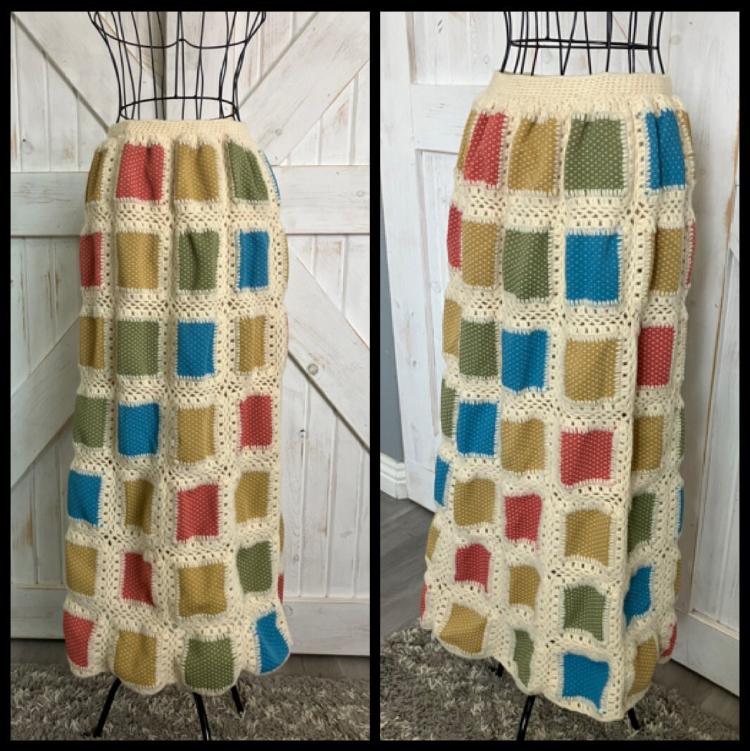 70's Vintage Handmade Patchwork Rainbow Red Blue Yellow Green Ivory Knit Hippie Maxi Skirt